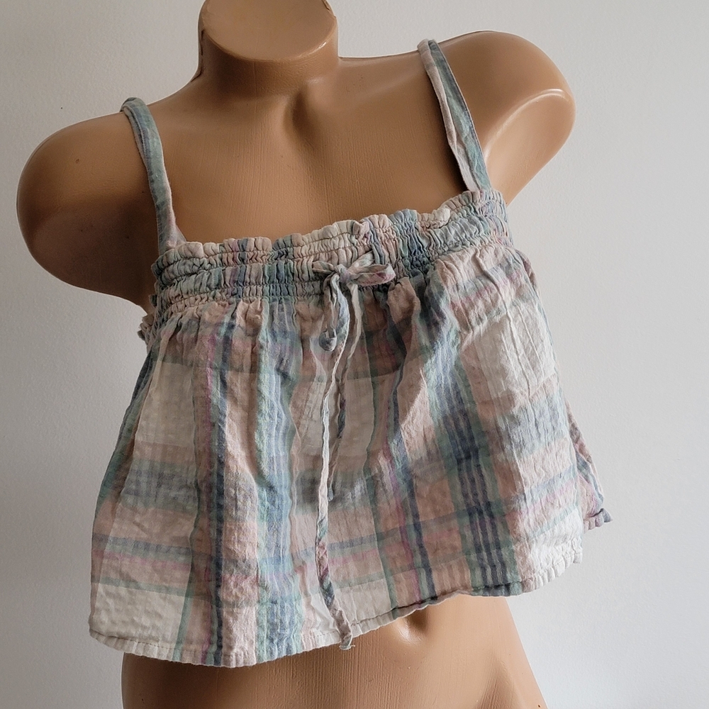American Eagle Outfitters Pastel Plaid Crop Tank Top Babydoll Smocked M Cotton